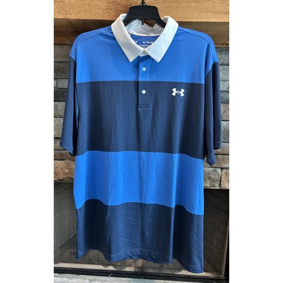 Men’s UNDER ARMOUR The Playoff Polo Blue Striped Short Sleeeve Shirt XL NWT *A6 - Picture 1 of 4